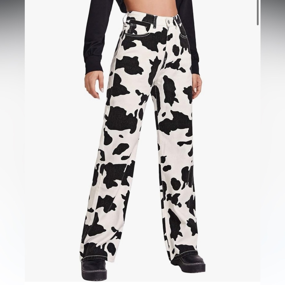 Women's Black and White Cow Print Jeans